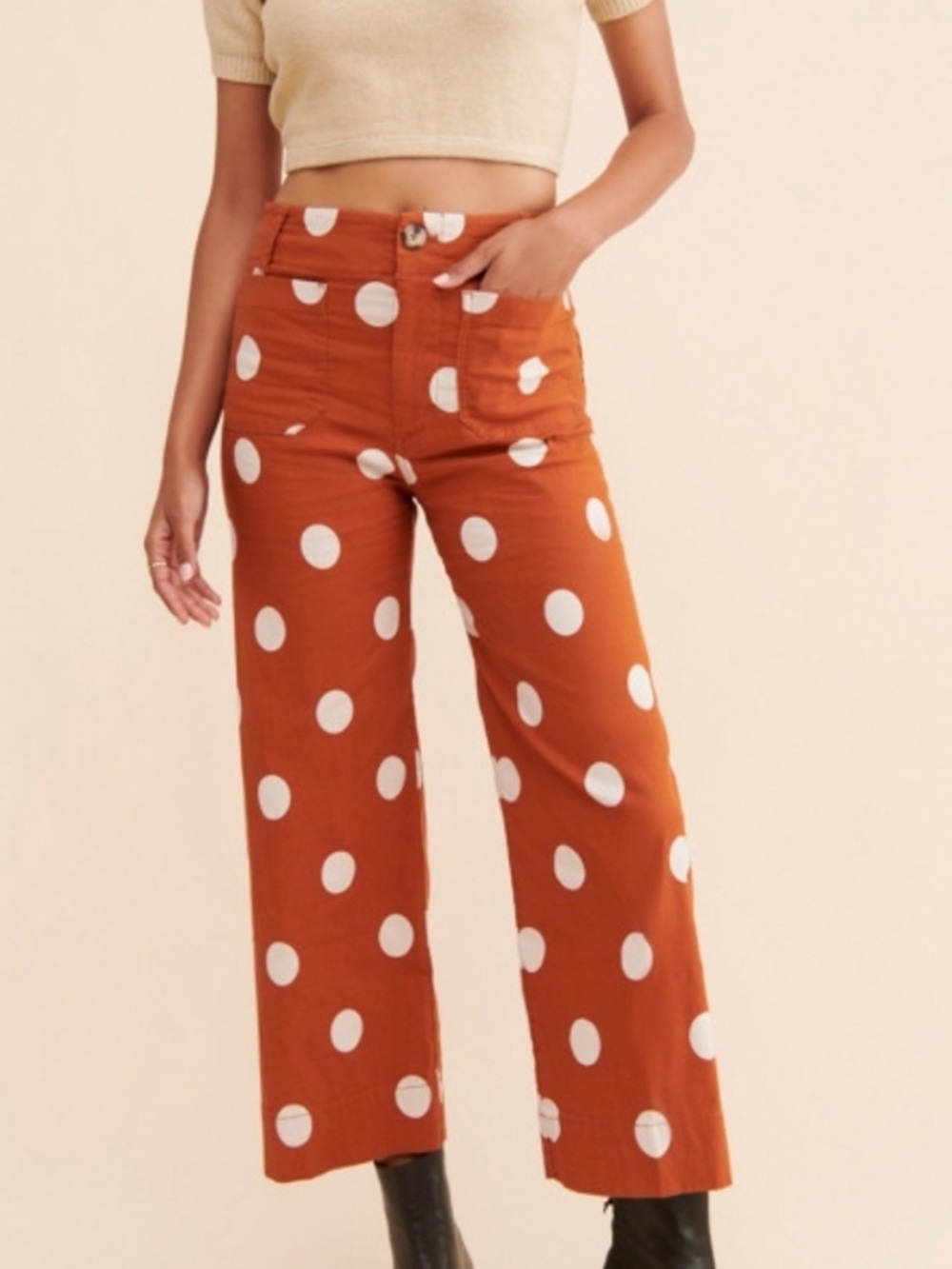 Anthropologie’s Maeve The Colette Rust Orange Polka Dot Cropped Wide-Leg Pants